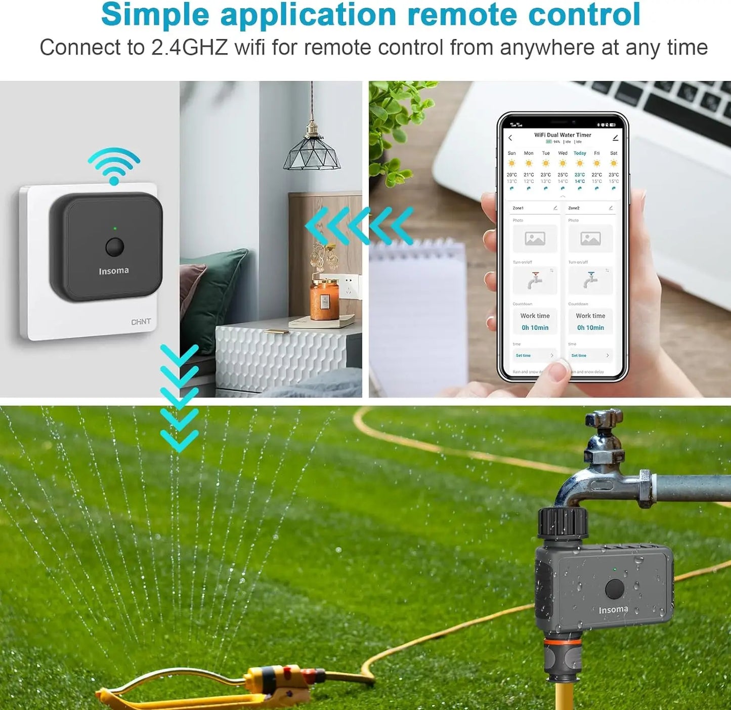 Temporizador de riego WiFi SmartFlow: sistema de riego de jardín con control remoto para hogares inteligentes